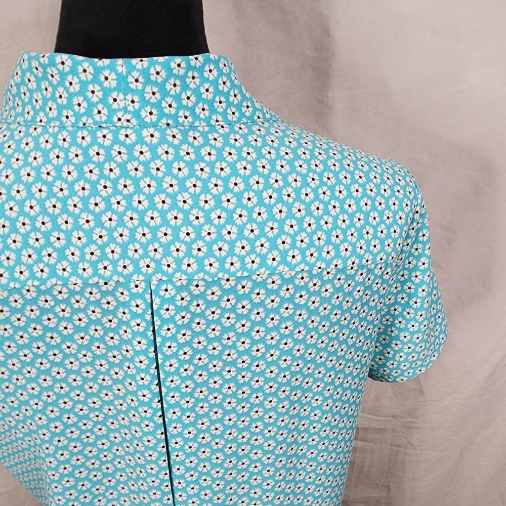 COVINGTON Size Small Turquoise Blue Ditsy Floral Pleated Shawl Collar Blouse EUC - Picture 7 of 9
